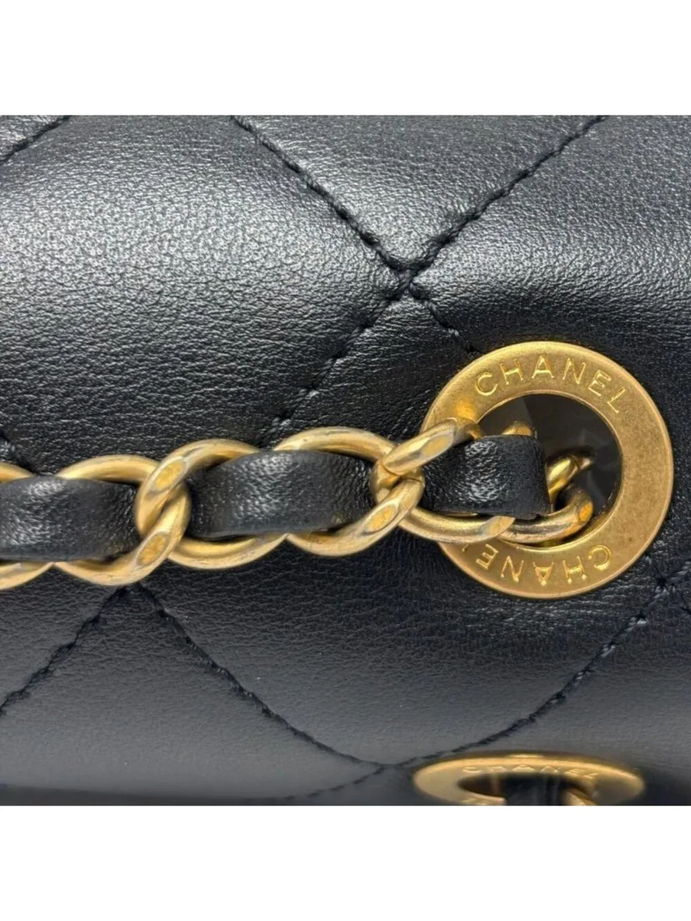 Chanel Shoulder Bag Quilted Logo Chain Black Gold Lambskin